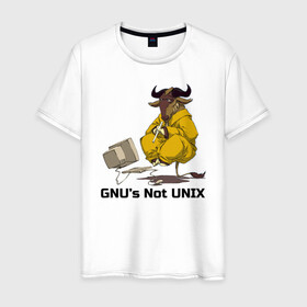 Мужская футболка хлопок с принтом GNU’s Not UNIX в Екатеринбурге, 100% хлопок | прямой крой, круглый вырез горловины, длина до линии бедер, слегка спущенное плечо. | Тематика изображения на принте: gnu | linux | not unix | programming | гну | линукс | программист | сисадмин | системный администратор