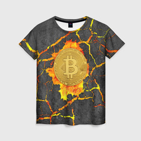 Женская футболка 3D с принтом Вулканический Биткоин в Екатеринбурге, 100% полиэфир ( синтетическое хлопкоподобное полотно) | прямой крой, круглый вырез горловины, длина до линии бедер | bitcoin | биткоины | вулкан | крипта | криптовалюта | лава | огонь