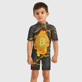Детский купальный костюм 3D с принтом Вулканический Биткоин в Екатеринбурге, Полиэстер 85%, Спандекс 15% | застежка на молнии на спине | bitcoin | биткоины | вулкан | крипта | криптовалюта | лава | огонь