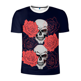 Мужская футболка 3D спортивная с принтом Rose Skull в Екатеринбурге, 100% полиэстер с улучшенными характеристиками | приталенный силуэт, круглая горловина, широкие плечи, сужается к линии бедра | flowers | роза | розы | скелет | цветы | череп | черепа