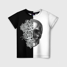 Детская футболка 3D с принтом SkullRose Sketch в Екатеринбурге, 100% гипоаллергенный полиэфир | прямой крой, круглый вырез горловины, длина до линии бедер, чуть спущенное плечо, ткань немного тянется | набросок | рисунок карандашом | роза | чб | череп | черепушка | черно белое