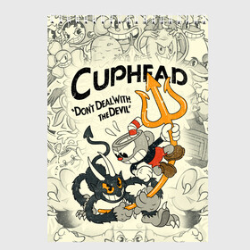 Скетчбук с принтом Cuphead and Devil в Екатеринбурге, 100% бумага
 | 48 листов, плотность листов — 100 г/м2, плотность картонной обложки — 250 г/м2. Листы скреплены сверху удобной пружинной спиралью | Тематика изображения на принте: cuphead | devil | dont deal with the devil | все персонажи | дьявол | игры | капхед | чашеголовый | черт