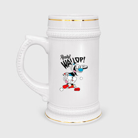 Кружка пивная с принтом Ready? Wallop! Cuphead в Екатеринбурге,  керамика (Материал выдерживает высокую температуру, стоит избегать резкого перепада температур) |  объем 630 мл | cuphead | cuphead and mugman | mugman | ready | wallop | игры | капхед | чашеголовый