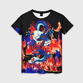 Женская футболка 3D с принтом Огненный Дракон в Екатеринбурге, 100% полиэфир ( синтетическое хлопкоподобное полотно) | прямой крой, круглый вырез горловины, длина до линии бедер | akatsuki | beast | dragon | fire | акацуки | дракон | животные | зверь | змей | когти | облако | огонь | узор | чб | японский