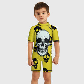 Детский купальный костюм 3D с принтом Yellow Skulls в Екатеринбурге, Полиэстер 85%, Спандекс 15% | застежка на молнии на спине | skull | желтизна | скелет | скелетон | черепа | черепушки