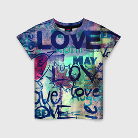 Детская футболка 3D с принтом LOVE в Екатеринбурге, 100% гипоаллергенный полиэфир | прямой крой, круглый вырез горловины, длина до линии бедер, чуть спущенное плечо, ткань немного тянется | love | абстракция | любовь | молодежное | пестрое