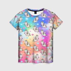 Женская футболка 3D с принтом Пони единорог в облаках в Екатеринбурге, 100% полиэфир ( синтетическое хлопкоподобное полотно) | прямой крой, круглый вырез горловины, длина до линии бедер | блестки | волшебство | градиент | единорог | звезды | магия | облака | пегас | пони | сердце