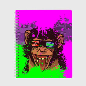 Тетрадь с принтом 3D Neon Monkey в Екатеринбурге, 100% бумага | 48 листов, плотность листов — 60 г/м2, плотность картонной обложки — 250 г/м2. Листы скреплены сбоку удобной пружинной спиралью. Уголки страниц и обложки скругленные. Цвет линий — светло-серый
 | 3d очки | bapy | brand | chimp | cool paint | fashion | hype beast | japan | neon | paint | trend | анаглиф | байп | байпи | брызги красок | бэйп | бэйпи | камуфляж | купающаяся обезьяна | мода | неон | тренд | хайп бист | хайповый бренд | ш