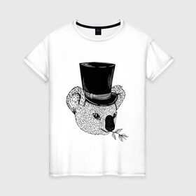 Женская футболка хлопок с принтом Коала Джентльмен в Цилиндре в Екатеринбурге, 100% хлопок | прямой крой, круглый вырез горловины, длина до линии бедер, слегка спущенное плечо | art | bear | coala | gentleman | illustration | koala | top hap | австралия | арт | иллюстрация | медведь | рисунок | сумчатые | цилиндр | шляпа | эвкалипт