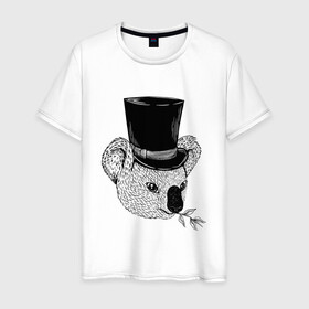 Мужская футболка хлопок с принтом Коала Джентльмен в Цилиндре в Екатеринбурге, 100% хлопок | прямой крой, круглый вырез горловины, длина до линии бедер, слегка спущенное плечо. | art | bear | coala | gentleman | illustration | koala | top hap | австралия | арт | иллюстрация | медведь | рисунок | сумчатые | цилиндр | шляпа | эвкалипт