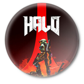 Значок с принтом HALO x DOOM в Екатеринбурге,  металл | круглая форма, металлическая застежка в виде булавки | doom | game | games | halo | heilo | master chif | spartan | дум | игра | игры | ковенант | ковенанты | мастер чиф | спартанец | хало | хейло | хэйло