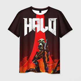 Мужская футболка 3D с принтом HALO x DOOM в Екатеринбурге, 100% полиэфир | прямой крой, круглый вырез горловины, длина до линии бедер | doom | game | games | halo | heilo | master chif | spartan | дум | игра | игры | ковенант | ковенанты | мастер чиф | спартанец | хало | хейло | хэйло