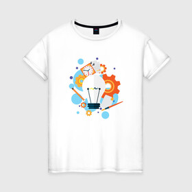 Женская футболка хлопок с принтом Наука в Екатеринбурге, 100% хлопок | прямой крой, круглый вырез горловины, длина до линии бедер, слегка спущенное плечо | карандаш | кисть | лампочка | наука | рисунок | часы | шестеренки