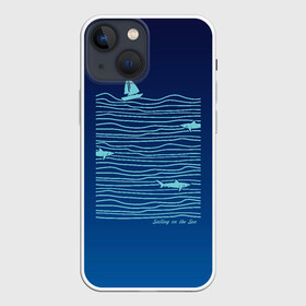 Чехол для iPhone 13 mini с принтом Акулы в море в Екатеринбурге,  |  | акула | лето | лодка | море | океан | отдых | отпуск | парус | парусник | плавание