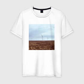 Мужская футболка хлопок с принтом Ветрогенераторы в поле в Екатеринбурге, 100% хлопок | прямой крой, круглый вырез горловины, длина до линии бедер, слегка спущенное плечо. | ветрогенератор | день | небо | облака | экология