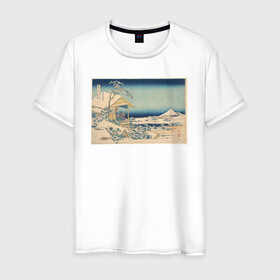 Мужская футболка хлопок с принтом Снежное утро на реке Коисикава в Екатеринбурге, 100% хлопок | прямой крой, круглый вырез горловины, длина до линии бедер, слегка спущенное плечо. | кацусики хокусай | тридцать шесть видов фудзи | фудзи | япония | японская графика