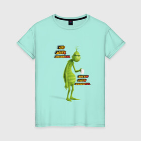 Женская футболка хлопок с принтом Гринч в Екатеринбурге, 100% хлопок | прямой крой, круглый вырез горловины, длина до линии бедер, слегка спущенное плечо | гринч | грустный | зеленый | кофе | кружка | мультфильм | утро