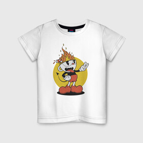 Детская футболка хлопок с принтом Cuphead в Екатеринбурге, 100% хлопок | круглый вырез горловины, полуприлегающий силуэт, длина до линии бедер | cartoon | cuphead | fire | game | illustration | mugman