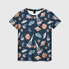 Женская футболка 3D с принтом Корабли, планеты и спутники в Екатеринбурге, 100% полиэфир ( синтетическое хлопкоподобное полотно) | прямой крой, круглый вырез горловины, длина до линии бедер | space | арт | звезды | корабли | космос | планеты | ракеты | рисунок | спутники