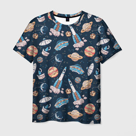 Мужская футболка 3D с принтом Корабли, планеты и спутники в Екатеринбурге, 100% полиэфир | прямой крой, круглый вырез горловины, длина до линии бедер | Тематика изображения на принте: space | арт | звезды | корабли | космос | планеты | ракеты | рисунок | спутники
