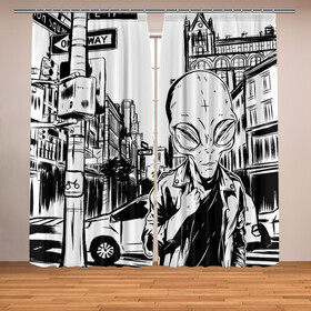 Фотошторы с принтом Портрет пришельца в Нью Йорке в Екатеринбурге, Блэкаут (светозащита 90%) / Габардин (светозащита 40% | 2 полотна шириной по 145 см; Высота 200-300 см; Крепление: шторная лента (на крючки); | alien | art | hipster | illustration | landscape | new york | ufo | арт | иллюстрация | инопланетянин | картина | нло | нью йорк | пейзаж | пешеходный переход | пришелец | рисунок | рисунок карандашом | светофор | указатель