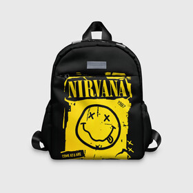 Детский рюкзак 3D с принтом Nirvana 1987 в Екатеринбурге, 100% полиэстер | лямки с регулируемой длиной, сверху петелька, чтобы рюкзак можно было повесить на вешалку. Основное отделение закрывается на молнию, как и внешний карман. Внутри дополнительный карман. По бокам два дополнительных кармашка | album | curt | kobain | logo | music | nevermind | nirvana | rock | smells like | smile | teen spirit | альбом | гитара | курт кобейн | логотип | музыка | невермайнд | нирвана | рок | смайл | стикер