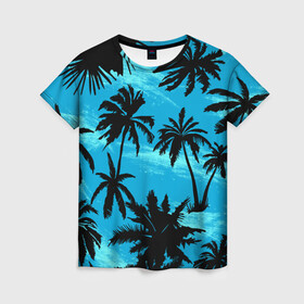 Женская футболка 3D с принтом Пальмы в Горизонте в Екатеринбурге, 100% полиэфир ( синтетическое хлопкоподобное полотно) | прямой крой, круглый вырез горловины, длина до линии бедер | palm | summer | summer time | tropics | tropix | горизонт | закат | летняя | море | небо | океан | пальма | пляж | пляжная