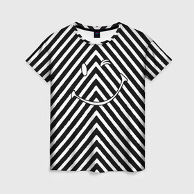 Женская футболка 3D с принтом Ulybaka BlackWhite в Екатеринбурге, 100% полиэфир ( синтетическое хлопкоподобное полотно) | прямой крой, круглый вырез горловины, длина до линии бедер | emoji | диагональ | мем | мемный | полосатый | полосы | смайл | смайлик | улыбака | чб | черно белая | эмоджи