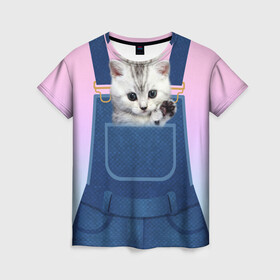 Женская футболка 3D с принтом Котенок в кармане в Екатеринбурге, 100% полиэфир ( синтетическое хлопкоподобное полотно) | прямой крой, круглый вырез горловины, длина до линии бедер | Тематика изображения на принте: в кармане | в кармашке | животные | комбинезон | кот | котенок | котик | кошка