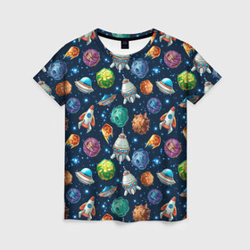 Женская футболка 3D с принтом Мультяшные планеты в Екатеринбурге, 100% полиэфир ( синтетическое хлопкоподобное полотно) | прямой крой, круглый вырез горловины, длина до линии бедер | space | арт | звезды | корабли | космос | планеты | ракеты | созвездия