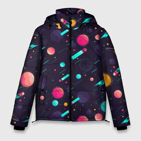 Мужская зимняя куртка 3D с принтом Космические движения комет в Екатеринбурге, верх — 100% полиэстер; подкладка — 100% полиэстер; утеплитель — 100% полиэстер | длина ниже бедра, свободный силуэт Оверсайз. Есть воротник-стойка, отстегивающийся капюшон и ветрозащитная планка. 

Боковые карманы с листочкой на кнопках и внутренний карман на молнии. | space | арт | звезды | кометы | космос | метеориты | планеты | созвездия