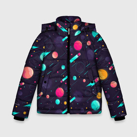 Зимняя куртка для мальчиков 3D с принтом Космические движения комет в Екатеринбурге, ткань верха — 100% полиэстер; подклад — 100% полиэстер, утеплитель — 100% полиэстер | длина ниже бедра, удлиненная спинка, воротник стойка и отстегивающийся капюшон. Есть боковые карманы с листочкой на кнопках, утяжки по низу изделия и внутренний карман на молнии. 

Предусмотрены светоотражающий принт на спинке, радужный светоотражающий элемент на пуллере молнии и на резинке для утяжки | Тематика изображения на принте: space | арт | звезды | кометы | космос | метеориты | планеты | созвездия