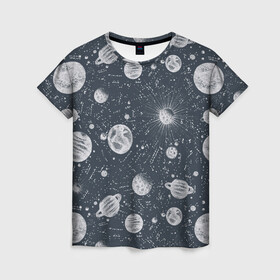 Женская футболка 3D с принтом Звезды, планеты и созвездия в Екатеринбурге, 100% полиэфир ( синтетическое хлопкоподобное полотно) | прямой крой, круглый вырез горловины, длина до линии бедер | space | арт | звезды | кометы | космос | метеориты | планеты | созвездия