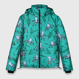 Мужская зимняя куртка 3D с принтом Осьминоги и водоросли в Екатеринбурге, верх — 100% полиэстер; подкладка — 100% полиэстер; утеплитель — 100% полиэстер | длина ниже бедра, свободный силуэт Оверсайз. Есть воротник-стойка, отстегивающийся капюшон и ветрозащитная планка. 

Боковые карманы с листочкой на кнопках и внутренний карман на молнии. | Тематика изображения на принте: nature | ocean | octopus | вода | водоросли | детям | животные | зелень | кальмар | лето | море | морские жители | мультяшный | мятный | океан | острова | осьминоги | отдых | отпуск | пляж | под водой | природа