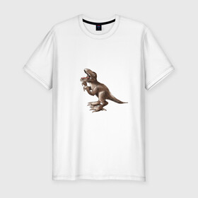 Мужская футболка хлопок Slim с принтом Тираннозавр в Екатеринбурге, 92% хлопок, 8% лайкра | приталенный силуэт, круглый вырез ворота, длина до линии бедра, короткий рукав | арт | динозавры | принт | рекс | юрский период