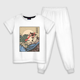 Детская пижама хлопок с принтом Cat Kong versus Godzilla Kaiju в Екатеринбурге, 100% хлопок |  брюки и футболка прямого кроя, без карманов, на брюках мягкая резинка на поясе и по низу штанин
 | catzilla | japan | kitty | poster parody | samurai | ukiyo e | wave | арт | большая волна | гигантский котёнок | гигантский монстр | годзилла против кинг конга | кайдзю | кот | котзилла | котик | котята | пародия на постер