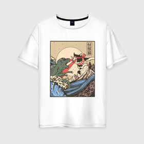 Женская футболка хлопок Oversize с принтом Cat Kong versus Godzilla Kaiju в Екатеринбурге, 100% хлопок | свободный крой, круглый ворот, спущенный рукав, длина до линии бедер
 | Тематика изображения на принте: catzilla | japan | kitty | poster parody | samurai | ukiyo e | wave | арт | большая волна | гигантский котёнок | гигантский монстр | годзилла против кинг конга | кайдзю | кот | котзилла | котик | котята | пародия на постер