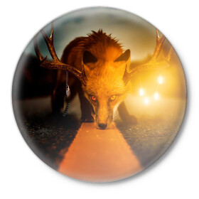 Значок с принтом Лиса с рогами оленя в Екатеринбурге,  металл | круглая форма, металлическая застежка в виде булавки | Тематика изображения на принте: fox | foxy | животное | звери | лиса | лисенок | лисичка | милая | рыжая | фокс