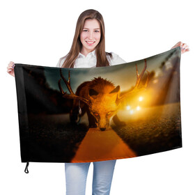 Флаг 3D с принтом Лиса с рогами оленя в Екатеринбурге, 100% полиэстер | плотность ткани — 95 г/м2, размер — 67 х 109 см. Принт наносится с одной стороны | fox | foxy | животное | звери | лиса | лисенок | лисичка | милая | рыжая | фокс