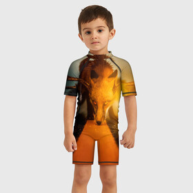 Детский купальный костюм 3D с принтом Лиса с рогами оленя в Екатеринбурге, Полиэстер 85%, Спандекс 15% | застежка на молнии на спине | fox | foxy | животное | звери | лиса | лисенок | лисичка | милая | рыжая | фокс