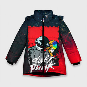 Зимняя куртка для девочек 3D с принтом DAFT PUNK MUSIC в Екатеринбурге, ткань верха — 100% полиэстер; подклад — 100% полиэстер, утеплитель — 100% полиэстер. | длина ниже бедра, удлиненная спинка, воротник стойка и отстегивающийся капюшон. Есть боковые карманы с листочкой на кнопках, утяжки по низу изделия и внутренний карман на молнии. 

Предусмотрены светоотражающий принт на спинке, радужный светоотражающий элемент на пуллере молнии и на резинке для утяжки. | Тематика изображения на принте: by craig drake | daft punk | madeinkipish | thomas bangalter | дафт панк | маски | тома и ги мануэль