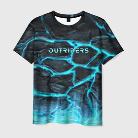 Мужская футболка 3D с принтом OUTRIDERS в Екатеринбурге, 100% полиэфир | прямой крой, круглый вырез горловины, длина до линии бедер | outriders | земля | игра | надпись | неон | рисунок | трикстер