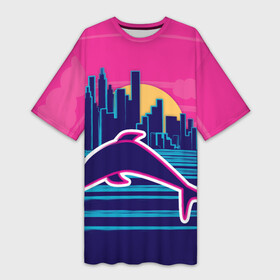 Платье-футболка 3D с принтом Ретро дельфин в Екатеринбурге,  |  | город | дельфин | закат | море | ретро