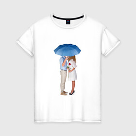 Женская футболка хлопок с принтом Любовь в Екатеринбурге, 100% хлопок | прямой крой, круглый вырез горловины, длина до линии бедер, слегка спущенное плечо | женщина | зонтик | любовь | мужчина | пара