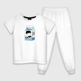 Детская пижама хлопок с принтом MOB LOVES MILK | МОБ ПСИХО 100 в Екатеринбурге, 100% хлопок |  брюки и футболка прямого кроя, без карманов, на брюках мягкая резинка на поясе и по низу штанин
 | Тематика изображения на принте: 100 | anime | milk | milk package | mob | mob loves milk | mob psycho 100 | psycho | аниме | аниме герои | герои | еспер | кагеяма | кежуал | корова | коровка | манга | моб | моб психо 100 | молоко | пакет молока | психо | сигео | шигео | шигео