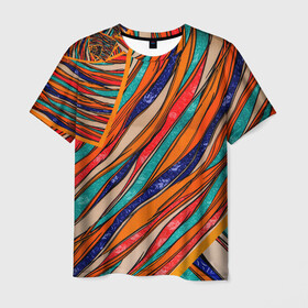 Мужская футболка 3D с принтом Абстрактное течение в Екатеринбурге, 100% полиэфир | прямой крой, круглый вырез горловины, длина до линии бедер | абстрактное течение | абстракция | витраж | колейдоскоп | линии | мозаика | палитра | полосы | радуга | текстуры | узор | цвета