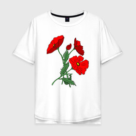 Мужская футболка хлопок Oversize с принтом Букет маковых цветов в Екатеринбурге, 100% хлопок | свободный крой, круглый ворот, “спинка” длиннее передней части | Тематика изображения на принте: flowers | nature | poppies | алые | арт | букет | бутоны | весна | ветки | зелень | красные маки | красные цветы | лепестки | лето | листья | любовь | маки | подарок | полевые цветы | природа | растения | рисунок | сад
