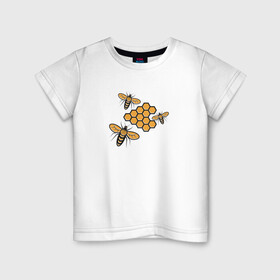 Детская футболка хлопок с принтом Пчелы у сот в Екатеринбурге, 100% хлопок | круглый вырез горловины, полуприлегающий силуэт, длина до линии бедер | Тематика изображения на принте: мед | насекомые | пчелы | рисунок | соты