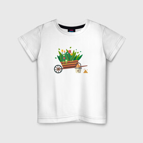 Детская футболка хлопок с принтом Тележка с цветами в Екатеринбурге, 100% хлопок | круглый вырез горловины, полуприлегающий силуэт, длина до линии бедер | ведро | растения | рисунок | садоводство | тележка с цветами | цветы