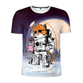 Мужская футболка 3D спортивная с принтом Catronaut в Екатеринбурге, 100% полиэстер с улучшенными характеристиками | приталенный силуэт, круглая горловина, широкие плечи, сужается к линии бедра | moon | арт | день космонавтики | звезды | космонавт | космос | лого | луна | небо | планеты